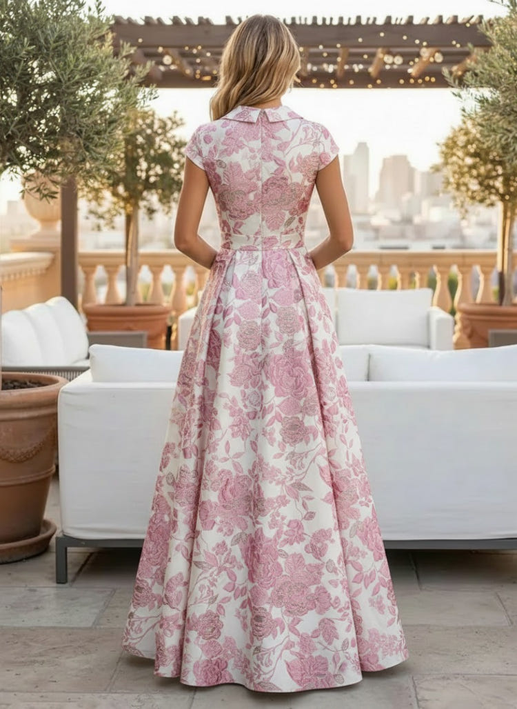 Jacquard A-Line V Neck Short Sleeves Pleated Maxi Dresses