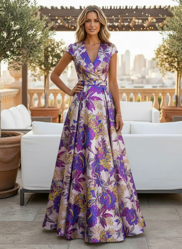 Jacquard A-Line V Neck Short Sleeves Pleated Maxi Dresses