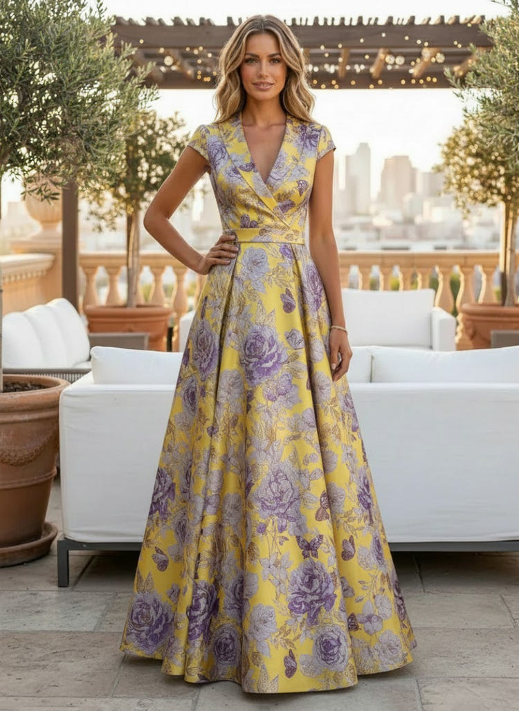 Jacquard A-Line V Neck Short Sleeves Pleated Maxi Dresses