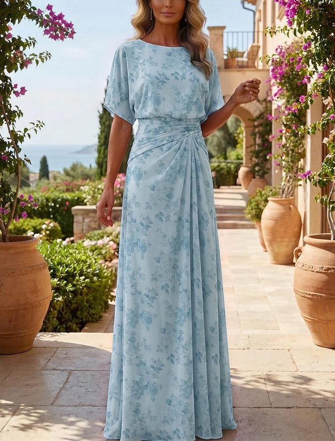 Blue Chiffon A-Line Crew Neck Floral Print Maxi Dresses