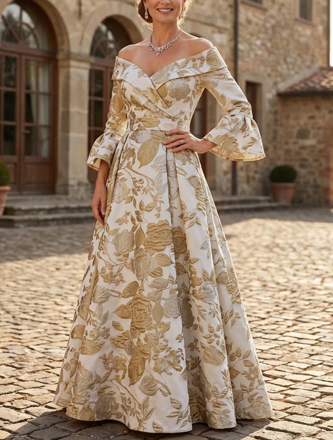 Jacquard A-Line Off the Shoulder Maxi Dresses with Pleated