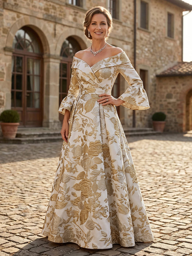 Jacquard A-Line Off the Shoulder Maxi Dresses with Pleated