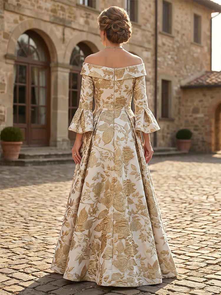 Jacquard A-Line Off the Shoulder Maxi Dresses with Pleated