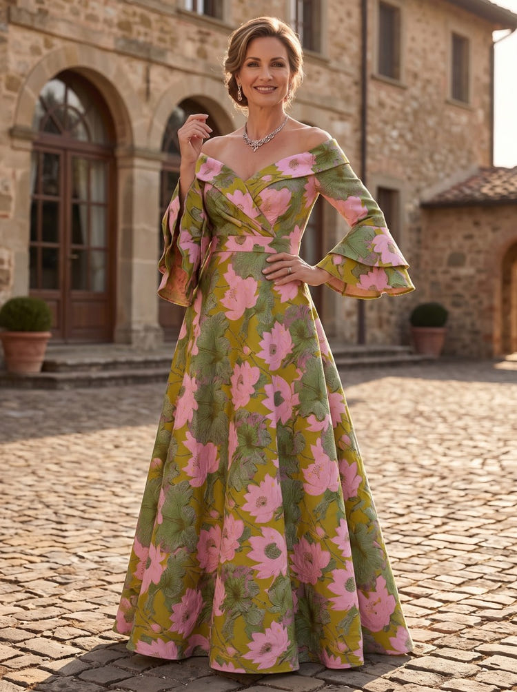Jacquard A-Line Off the Shoulder Maxi Dresses with Pleated