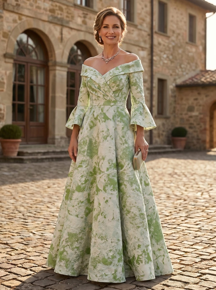 Jacquard A-Line Off the Shoulder Maxi Dresses with Pleated