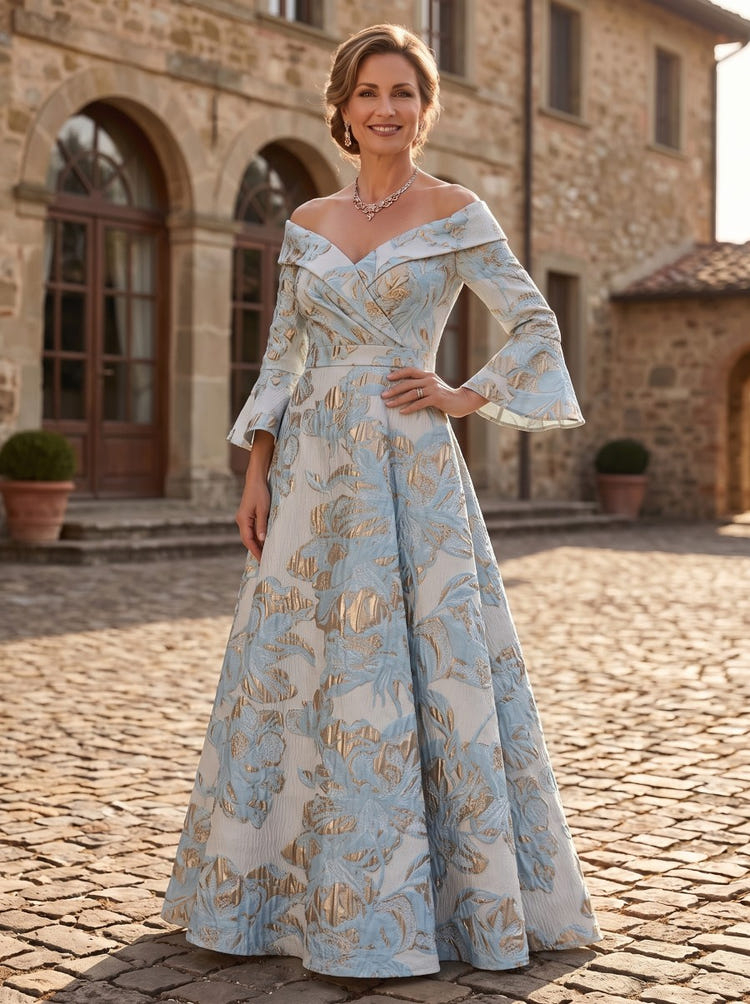 Jacquard A-Line Off the Shoulder Maxi Dresses with Pleated