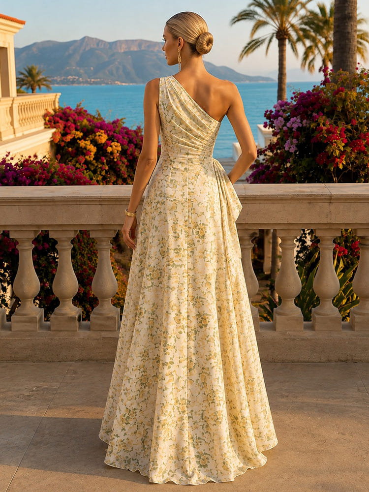 Yellow Chiffon A-Line One Shoulder Pleated Formal Dresses with Ruffles
