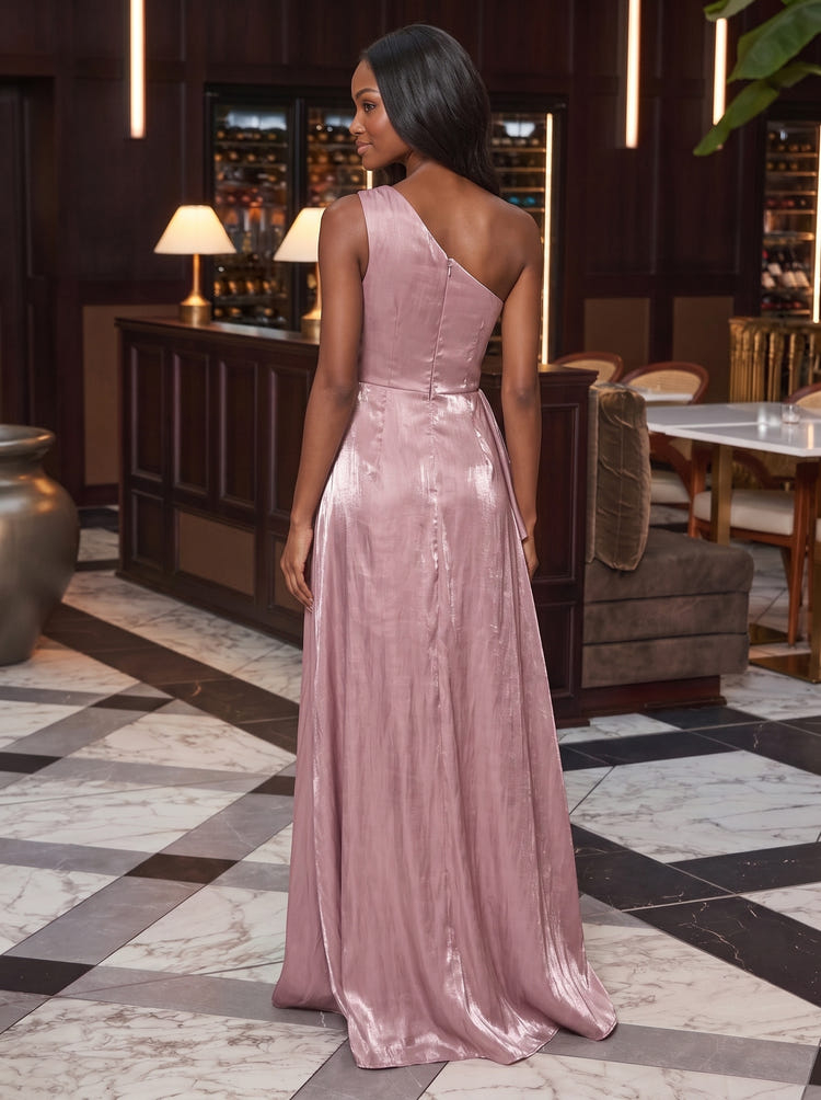 Rose Pink One Shoulder Ruffle Metallic Maxi Dress