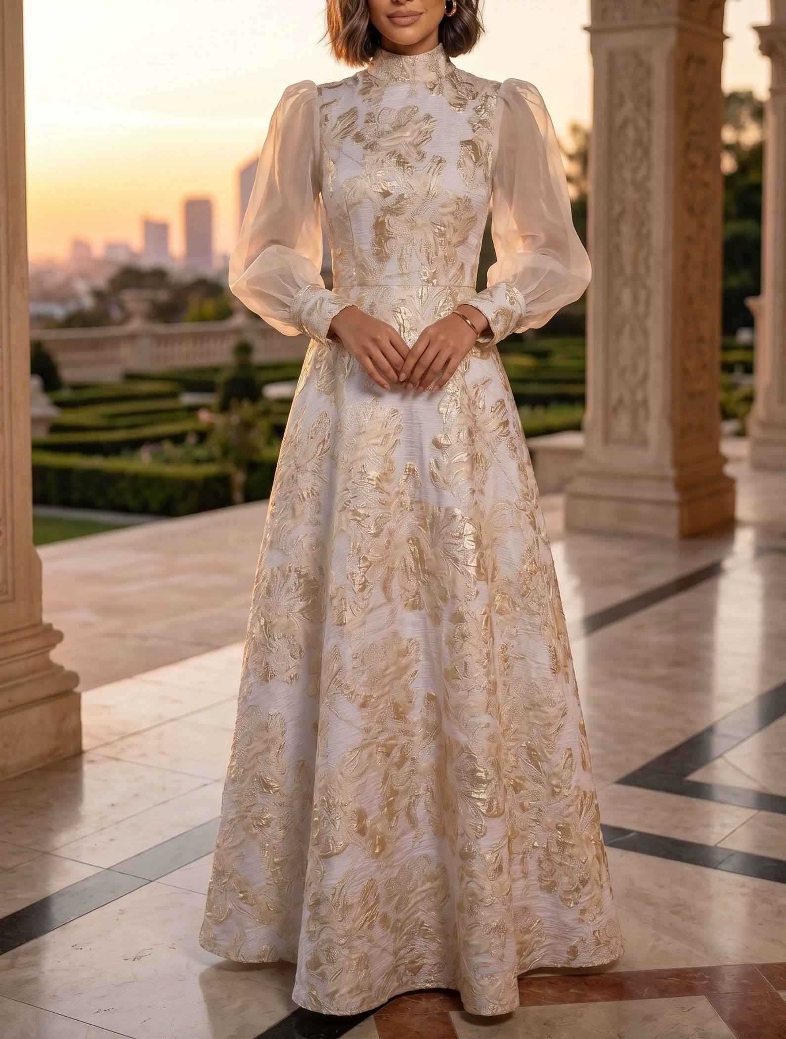 Cream Gold Floral Jacquard High Neck Puff Sleeve Maxi Dress