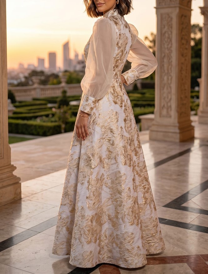 Cream Gold Floral Jacquard High Neck Puff Sleeve Maxi Dress