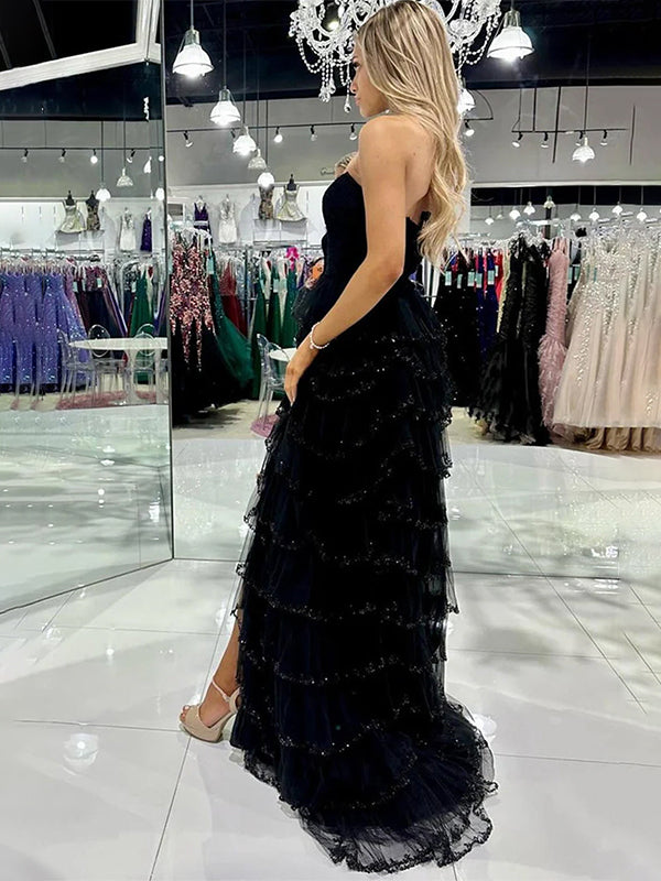 Glitter Black A-Line Strapless Tulle Long Prom Dress with Ruffled