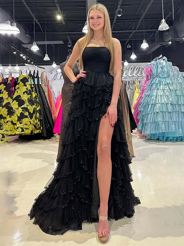 Glitter Black A-Line Strapless Tulle Long Prom Dress with Ruffled
