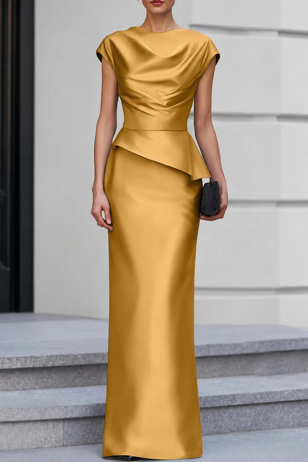 Navy Blue Cap Sleeve Satin Cowl Neck Peplum Maxi Dress