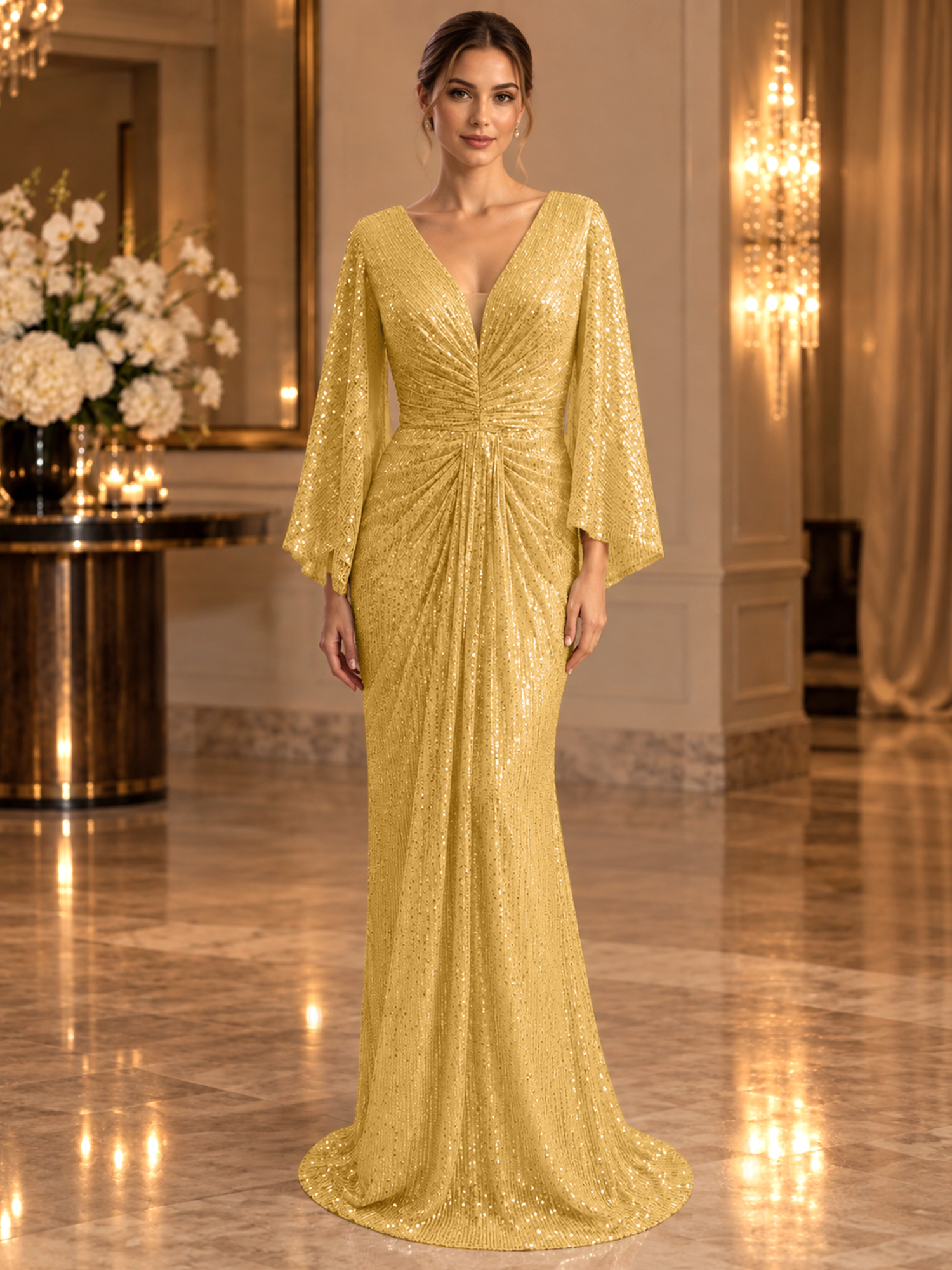 Gold Sequined V Neck Flare Sleeve Mermaid Maxi Dress