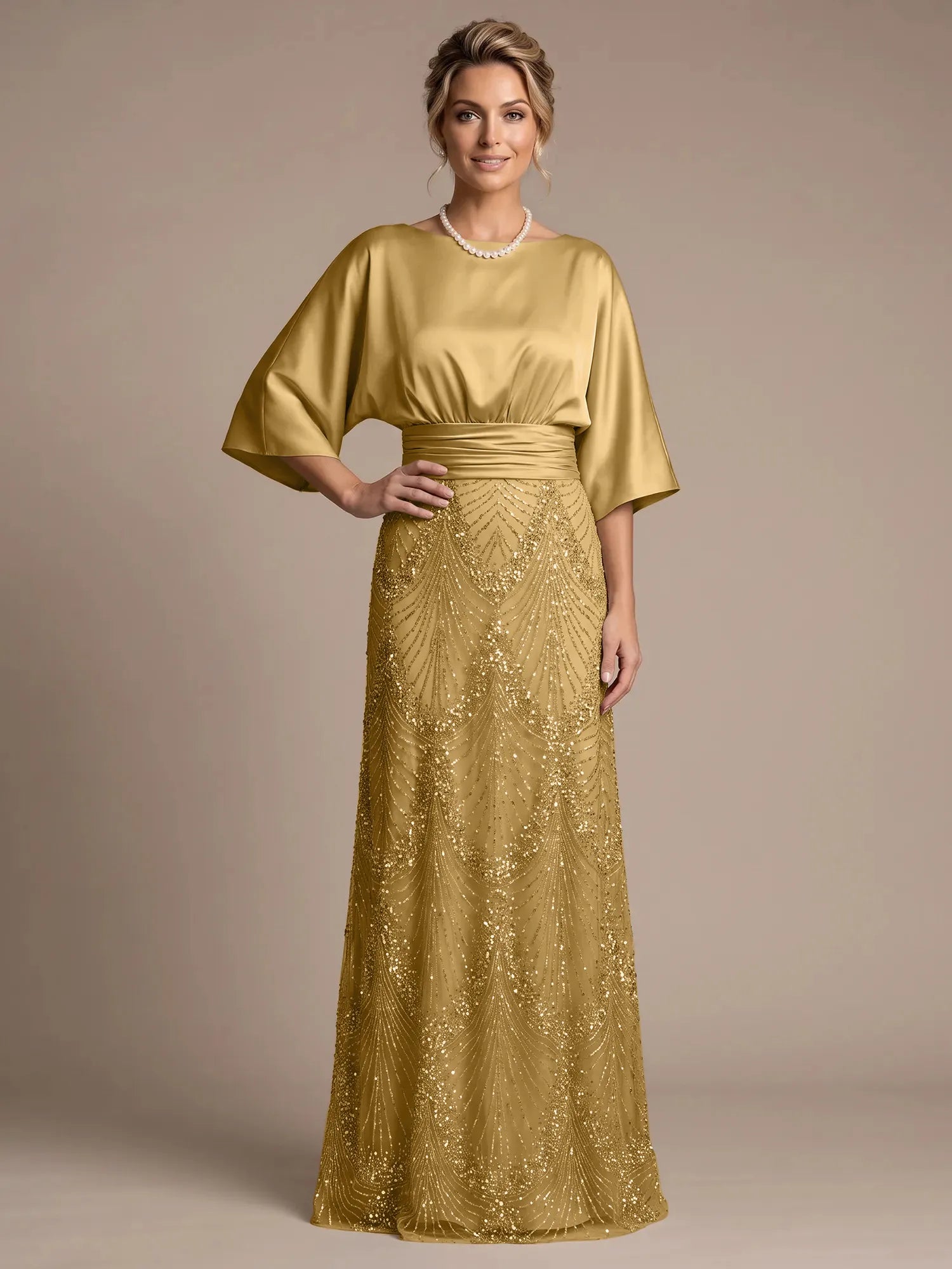 Champagne Bateau Neck Satin 3/4 Batwing Sleeves Maxi Dress