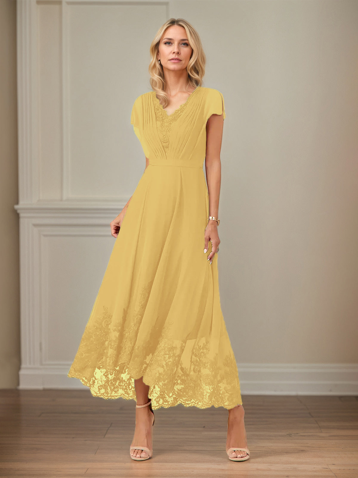 A Line V Neck Flutter Sleeve Ankle Length Chiffon Dress With Appliques