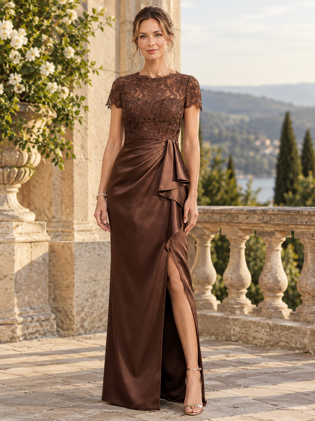 Coffee Lace Trimmed Satin With Pleats And Slits Maxi Dress