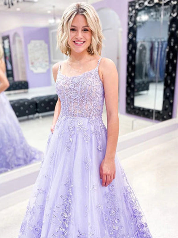 Purple A Line Spaghetti Straps Lace Tulle Long Prom Dress with Appliques