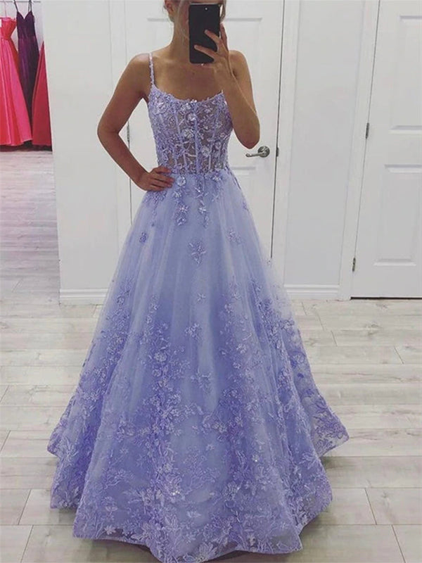 Purple A Line Spaghetti Straps Lace Tulle Long Prom Dress with Appliques