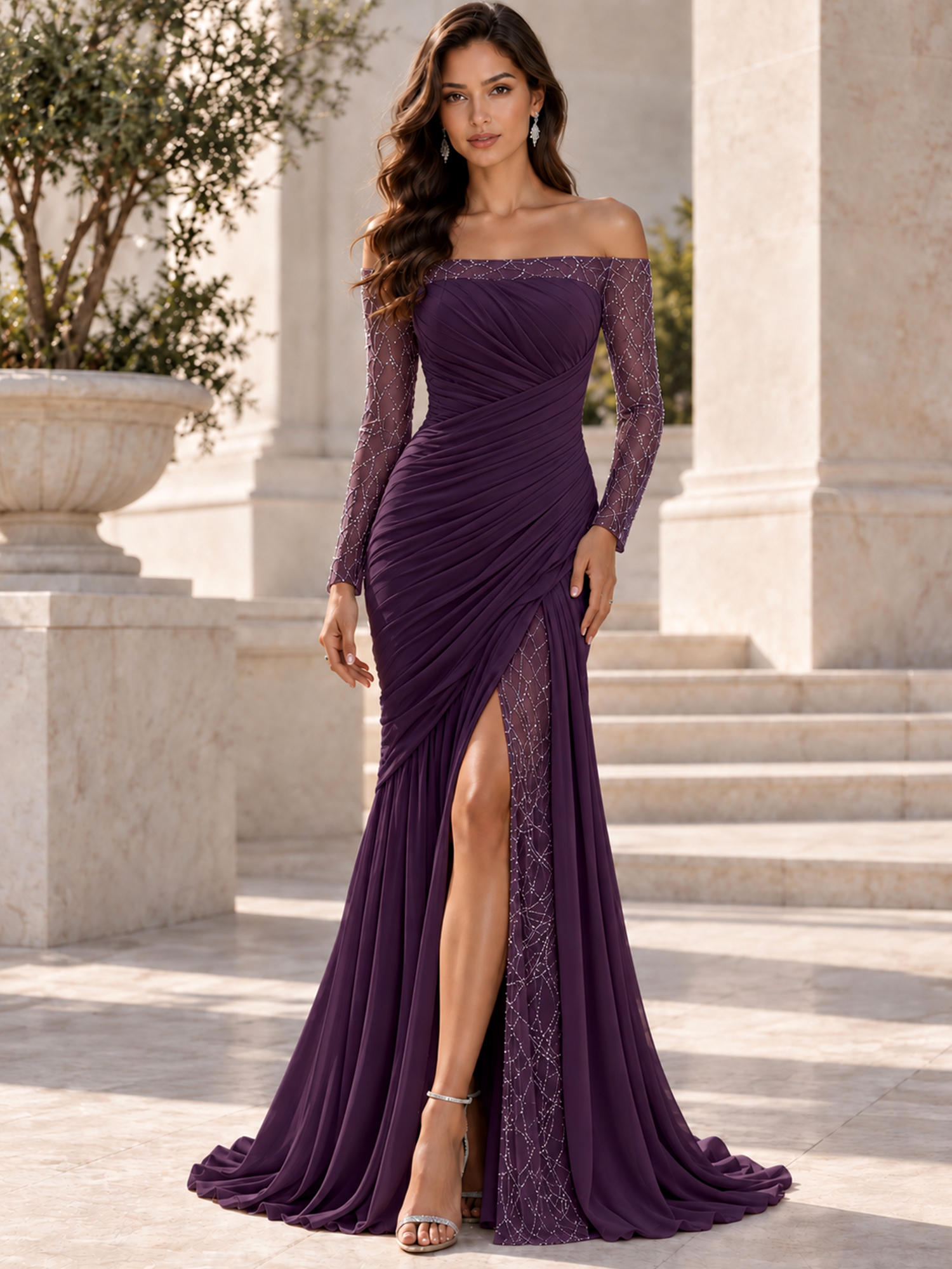 Sage Green Chiffon Off Shoulder Beaded Mesh Long Sleeve High Slit Mermaid Train Evening Gown