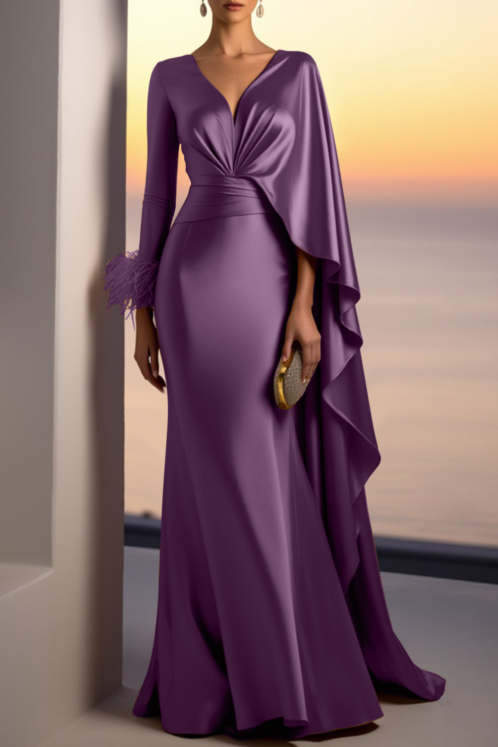 Evening Formal Gold Satin Dress V Neck Long Sleeve Cape Maxi Gown