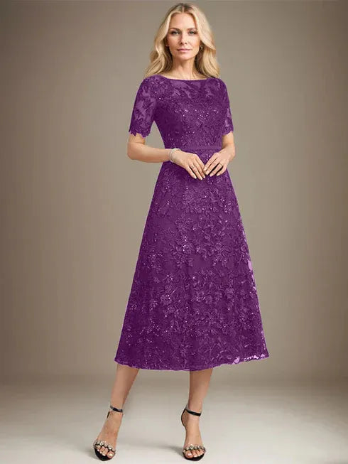 A-line Scoop Illusion Tea-Length Lace Mother of the Bride Dress With Sequins