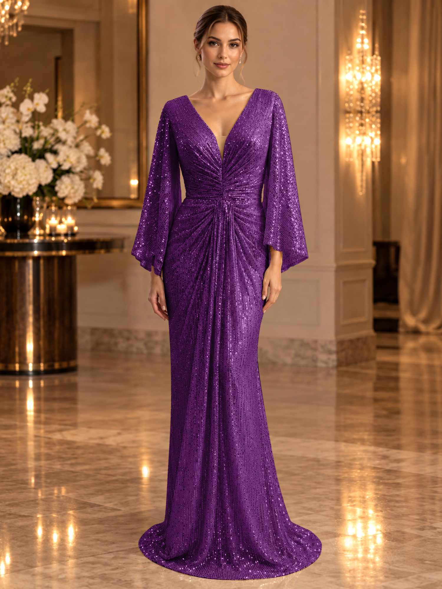 Gold Sequined V Neck Flare Sleeve Mermaid Maxi Dress