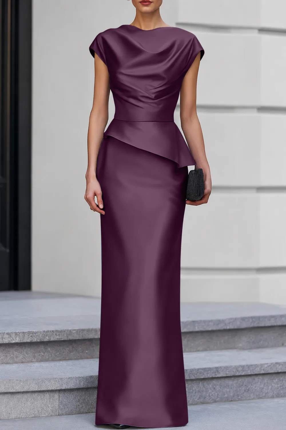 Navy Blue Cap Sleeve Satin Cowl Neck Peplum Maxi Dress