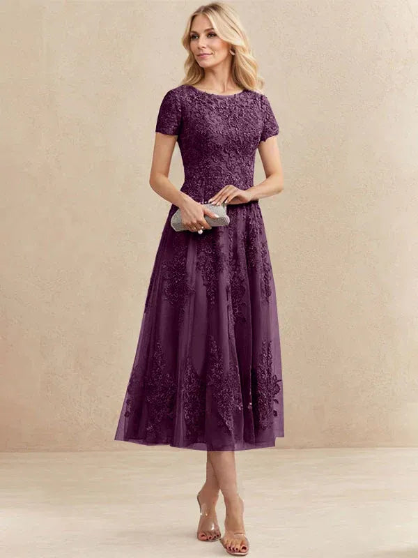 A-line Scoop Tea-Length Tulle Lace Mother of the Bride Dress