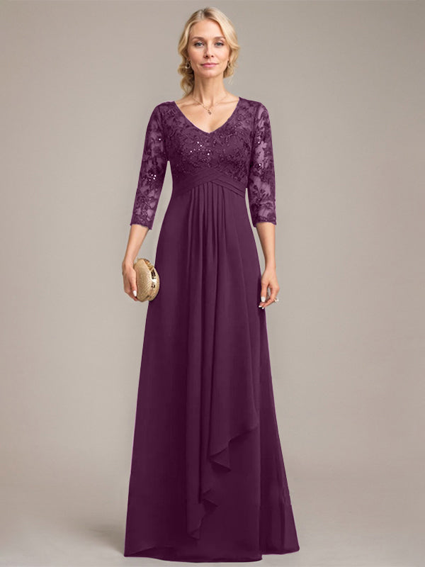 A-line V-Neck Floor-Length Lace Chiffon Mother of the Bride Dress With Cascading Ruffles Sequins