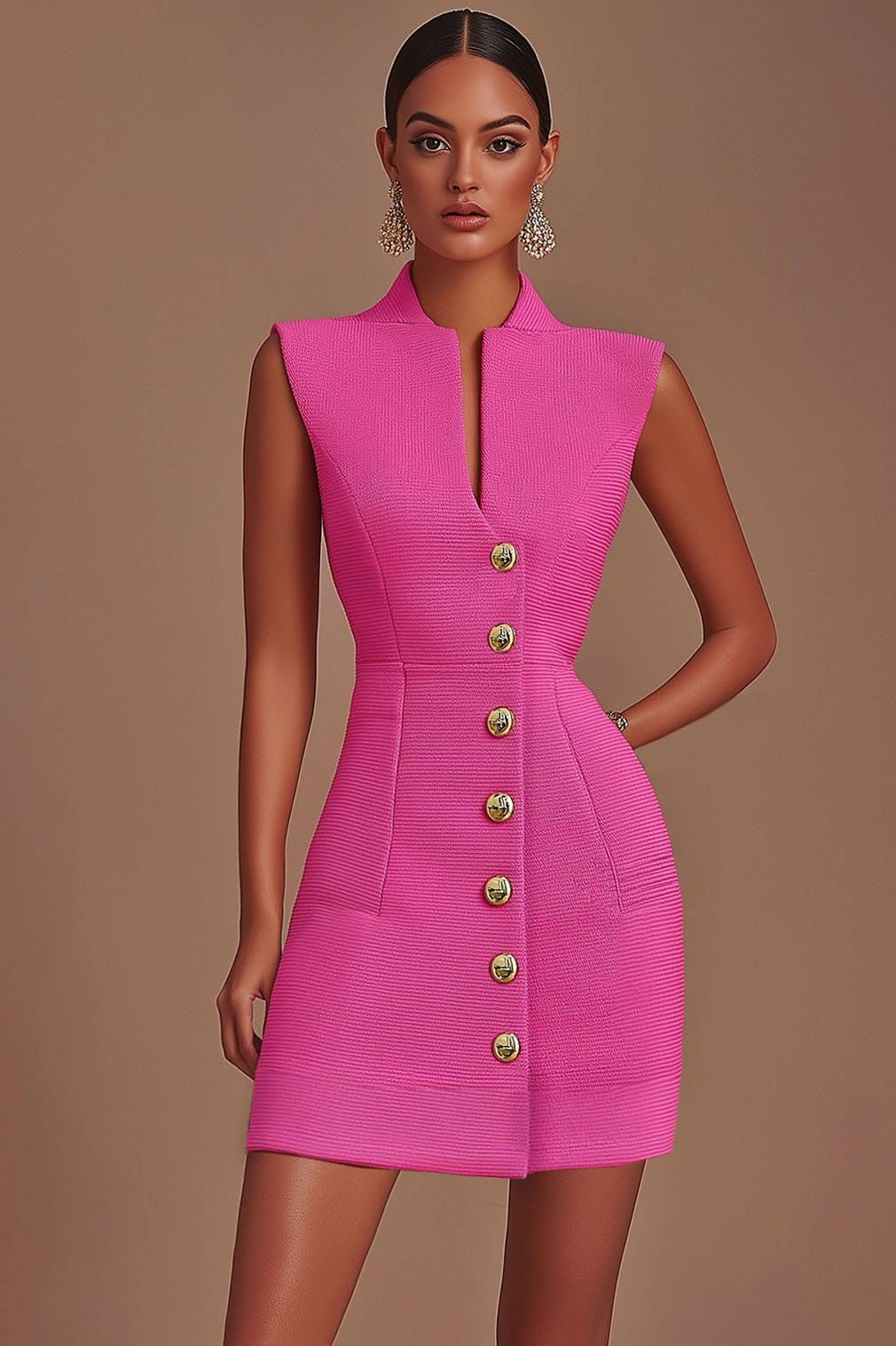 Semi-formal Work Pink Dress Tweed Buttoned Sleeveless Mini Dress