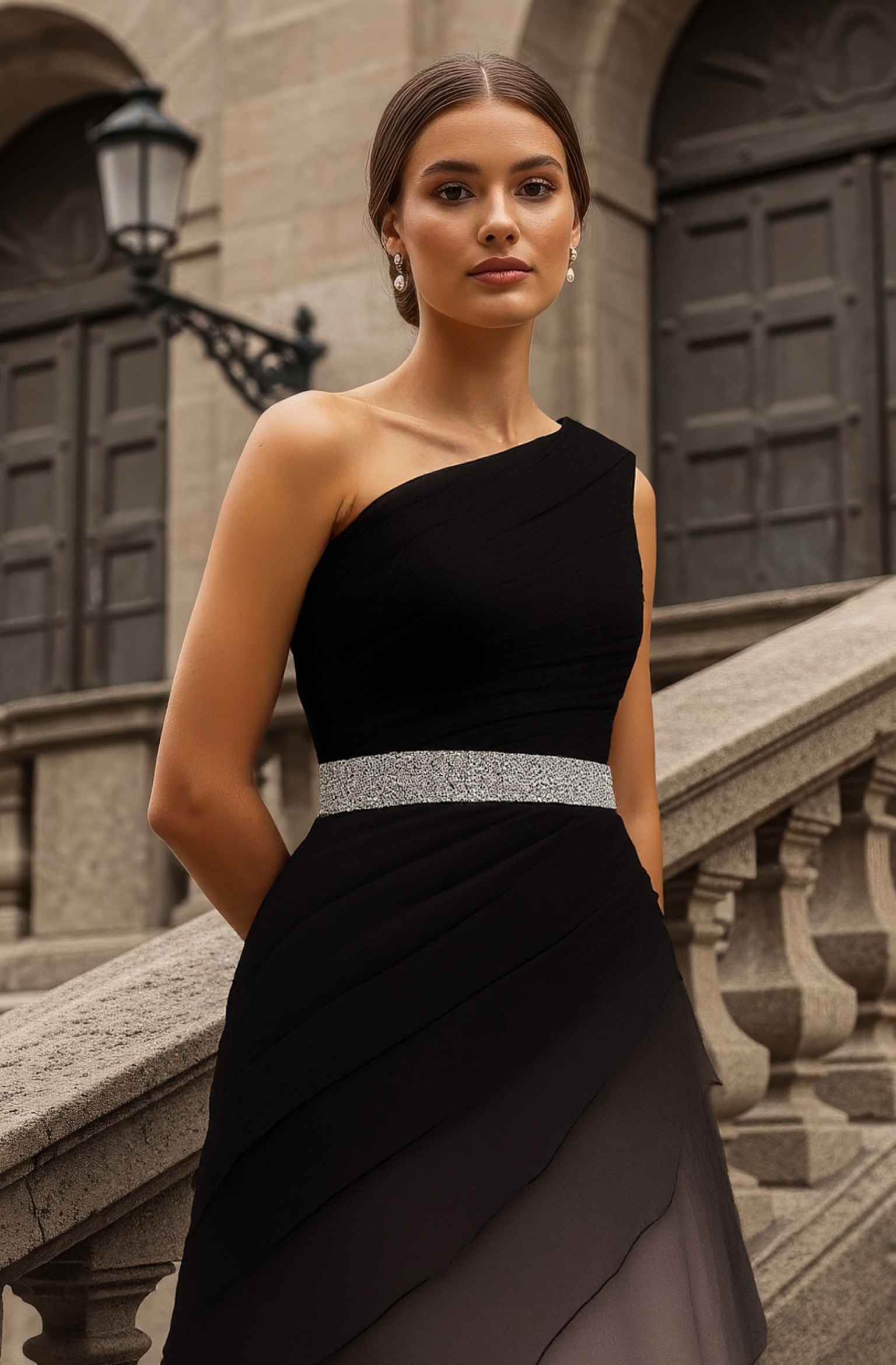 Formal Evening Dress Black One-Shoulder Multi-Layered Silver Belt Maxi Gown