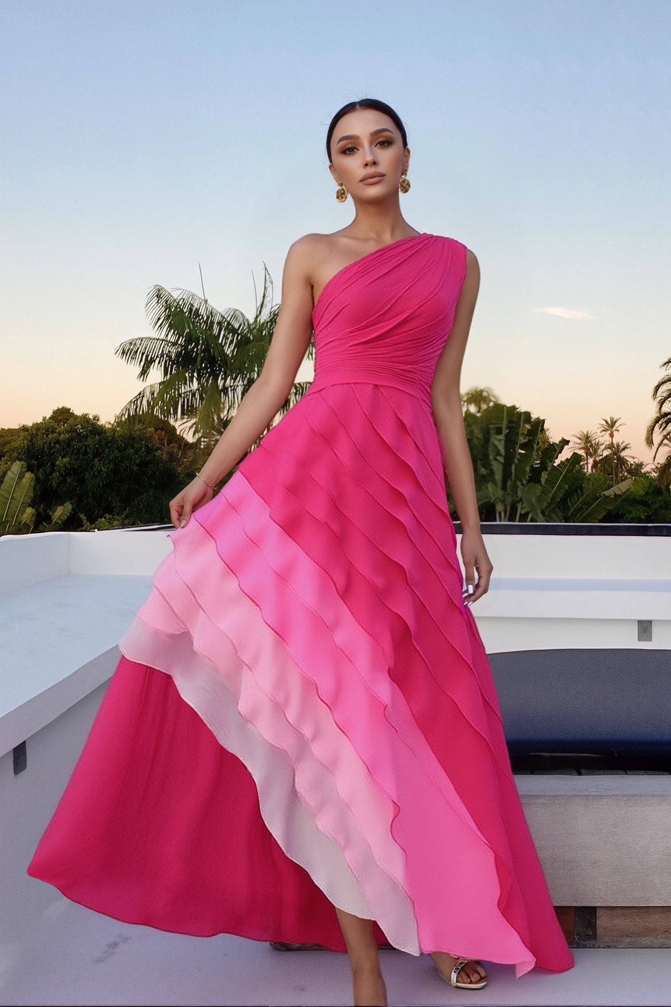 Evening Formal Gradient Dress Fuchsia Sleeveless Maxi Gown