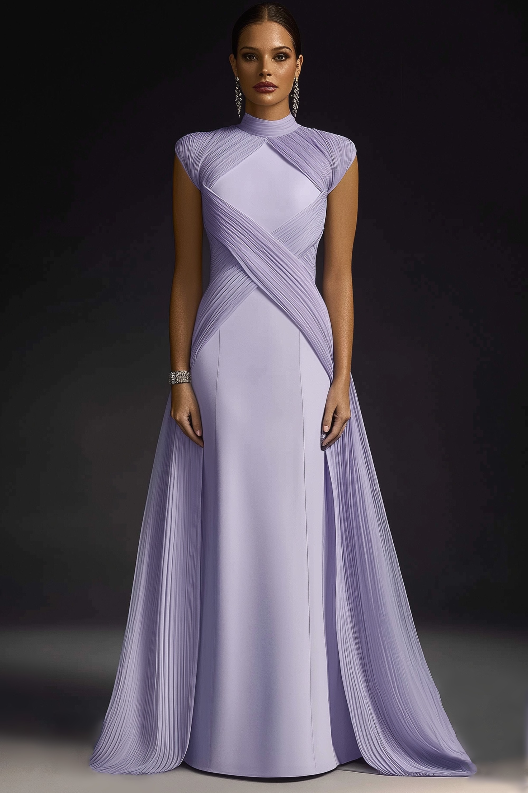 Formal Evening Dress Purple Stand Collar Pleated Train Maxi Gown