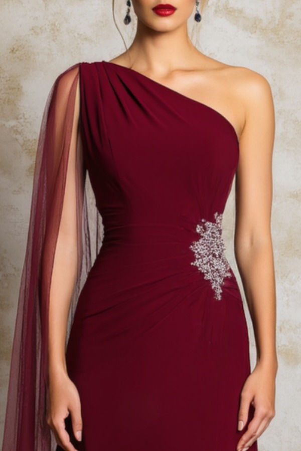 Formal Evening Dress Burgundy One Shoulder Slit Maxi Dress