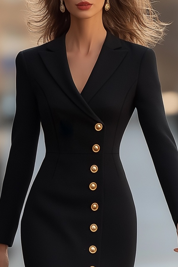 Work Dress Black V Neck Orange Hem Mermaid Button Long Sleeve Midi Dress