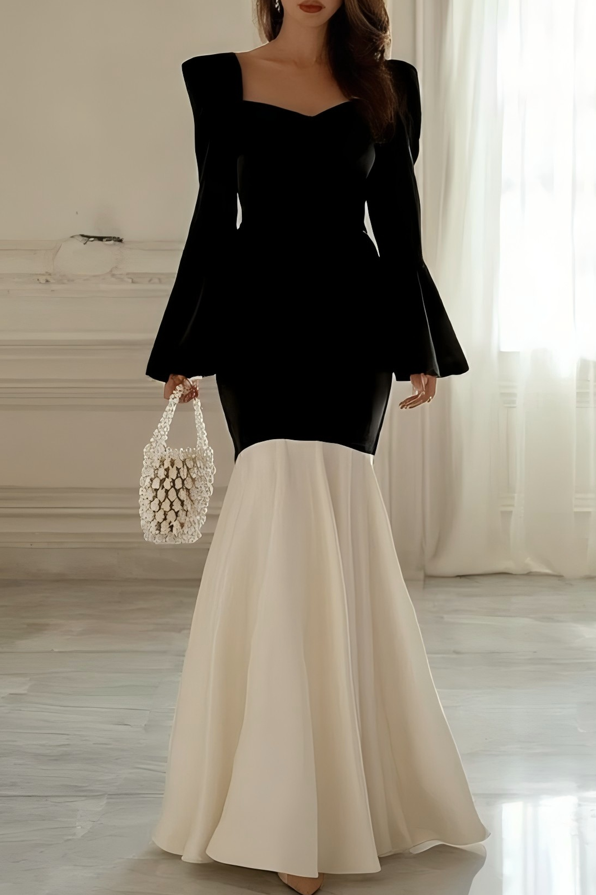Formal Evening Dress Black White Sweetheart Neck Mermaid Maxi Dress