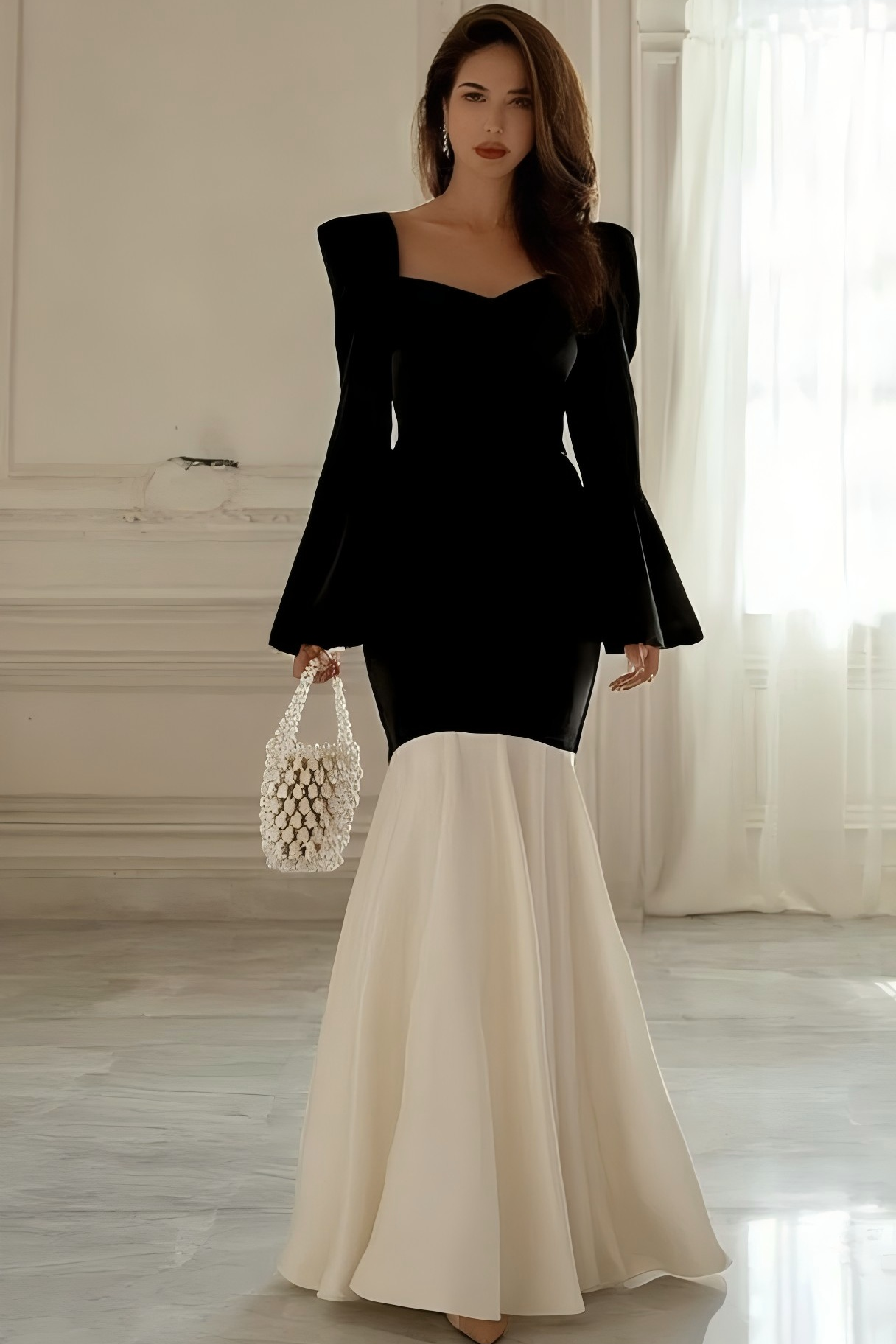 Formal Evening Dress Black White Sweetheart Neck Mermaid Maxi Dress