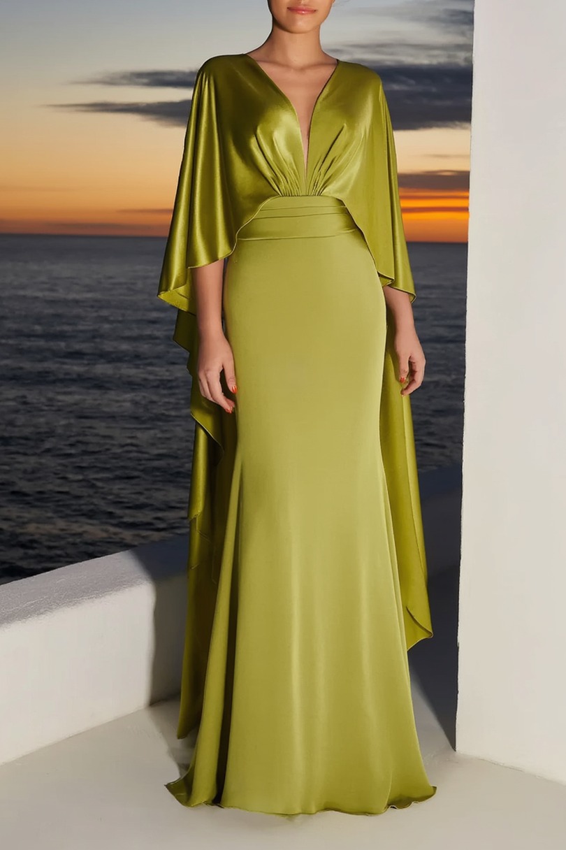 Formal Evening Dress Green V Neck Maxi Dress