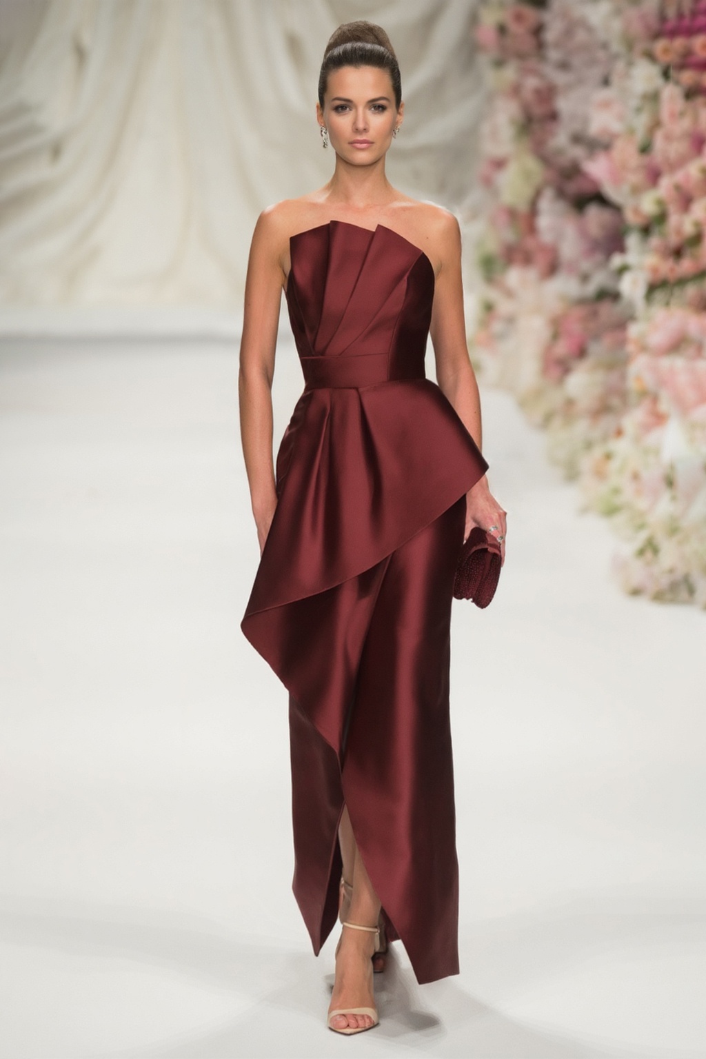 Mother of th Bride Dress Burgundy Strapless Ruched Maxi Dress