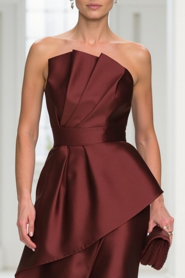 Mother of th Bride Dress Burgundy Strapless Ruched Maxi Dress
