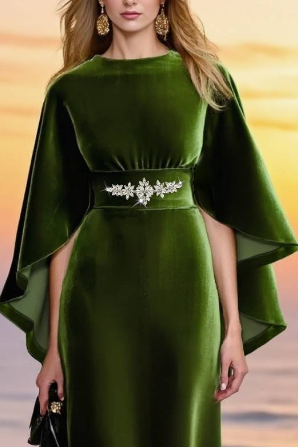 Formal ​Evening Velvet Dress Green Crew Neck Maxi Dress