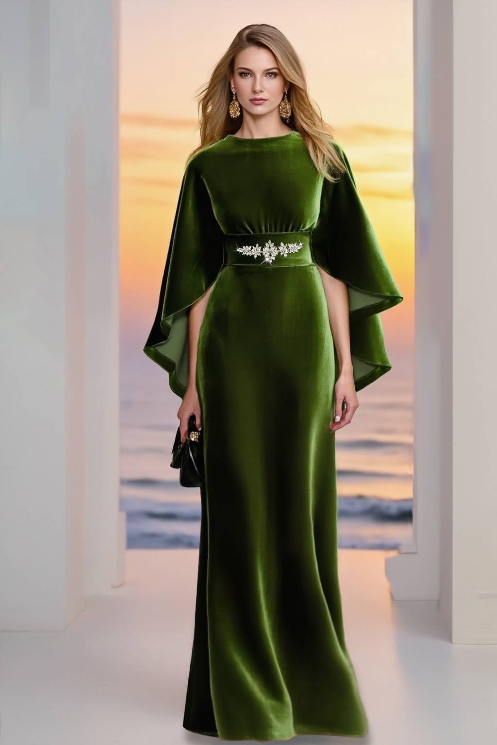 Formal ​Evening Velvet Dress Green Crew Neck Maxi Dress
