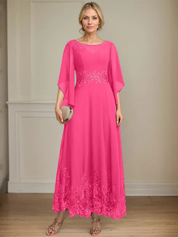 A-line Scoop Illusion Ankle-Length Lace Chiffon Mother of the Bride Dress With Sequins