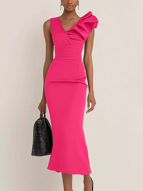 Work Semi-Formal Dress Green Sleeveless Ruffle Fitted Midi Dress