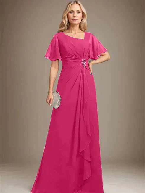 A-line Asymmetrical Floor-Length Chiffon Mother of the Bride Dress With Pleated Beading Sequins