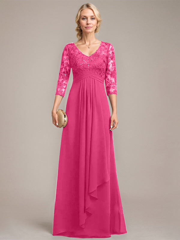 A-line V-Neck Floor-Length Lace Chiffon Mother of the Bride Dress With Cascading Ruffles Sequins