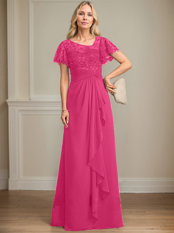 A-line Asymmetrical Illusion Floor-Length Lace Chiffon Mother of the Bride Dress With Cascading Ruffles Sequins