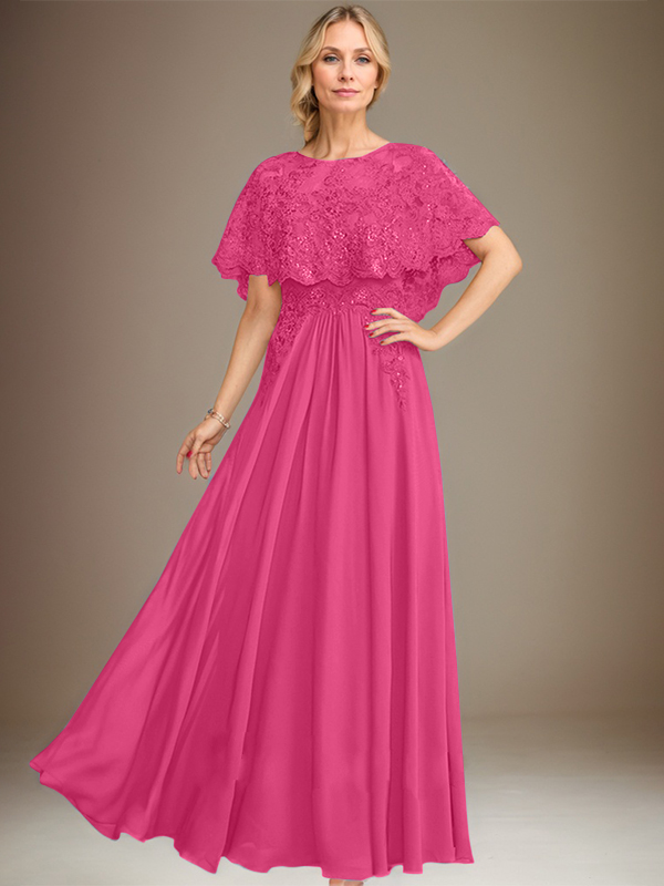 A-line Boat Neck Floor-Length Lace Chiffon Mother of the Bride Dress With Applique Sequins