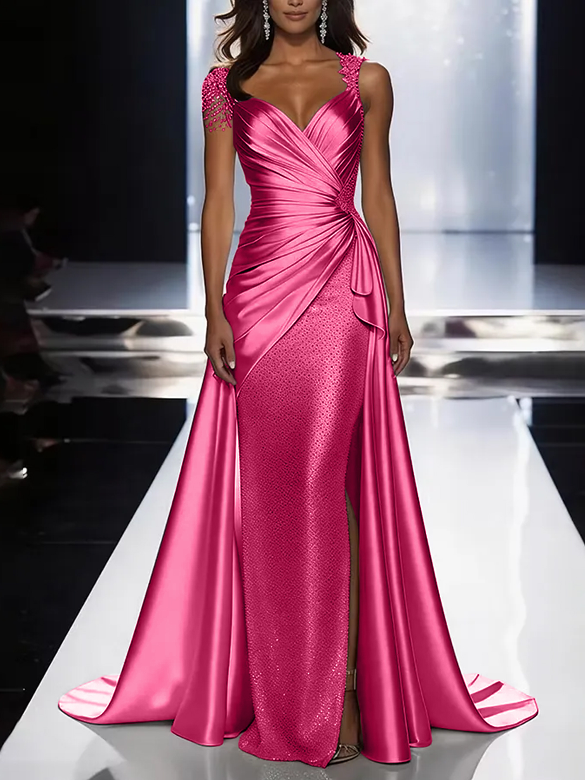 Silver Grey Deep V-Neck Draped Satin Metallic Mermaid Maxi Dress